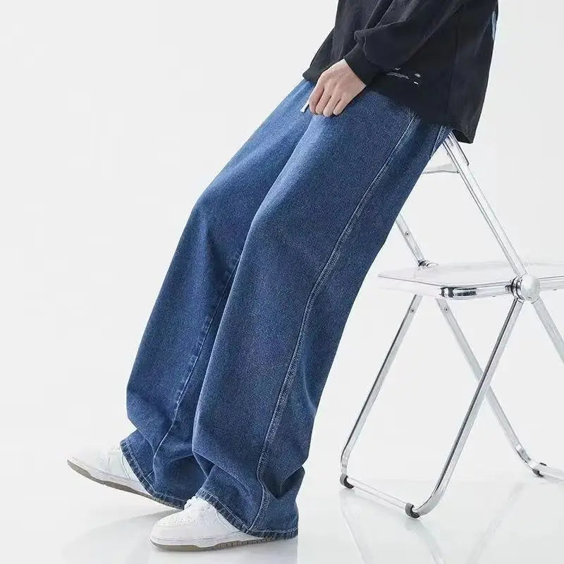 Autumn Korean Fashion Baggy Jeans For Men Classic Drawstring Straight Wide-leg Denim Pants Casual Y2K Vintage Jean Trousers